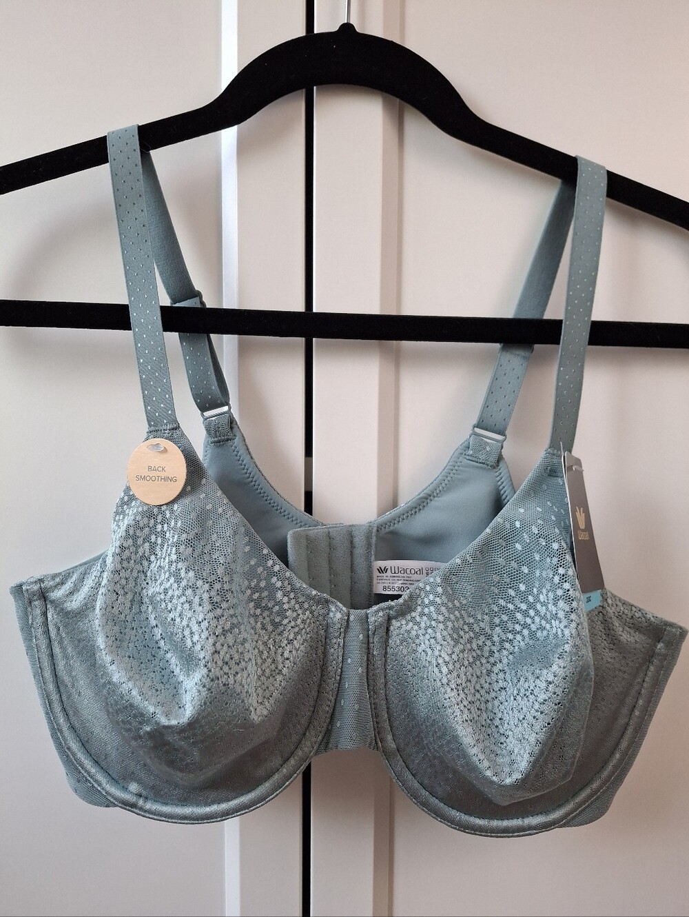 NWT Wacoal Back Appeal Underwire Bra Blue/Gray Dot Jacquard #855303 38C